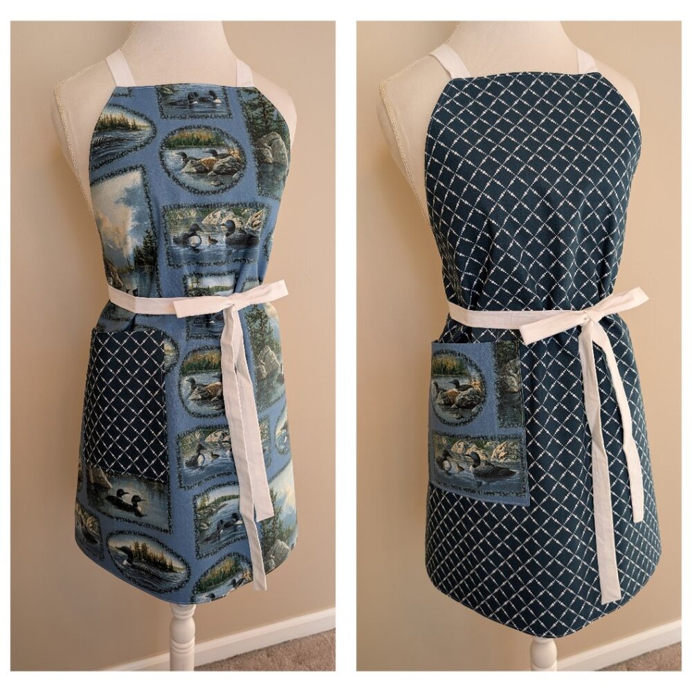 NWT Handmade Reversible Apron - blue and white lattice and ducks One Size - OOAK